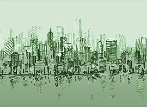 Vector illustration of Vector sketch of the a cityscape in various green tones
