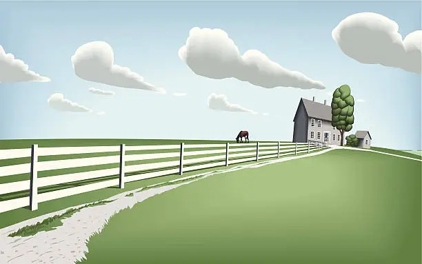 Vector illustration of Countryside Home with Horse Pasture