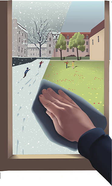 Hand Wiping Window From Winter to Spring vector art illustration
