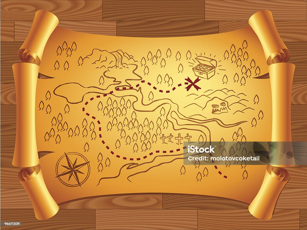 Illustrated yellow treasure map on wooden background Find the treasure... and you can quit your day job! Treasure Map stock vector