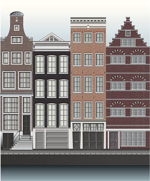 ilustraciones, imágenes clip art, dibujos animados e iconos de stock de casas en amsterdam, junto al canal - row house illustrations