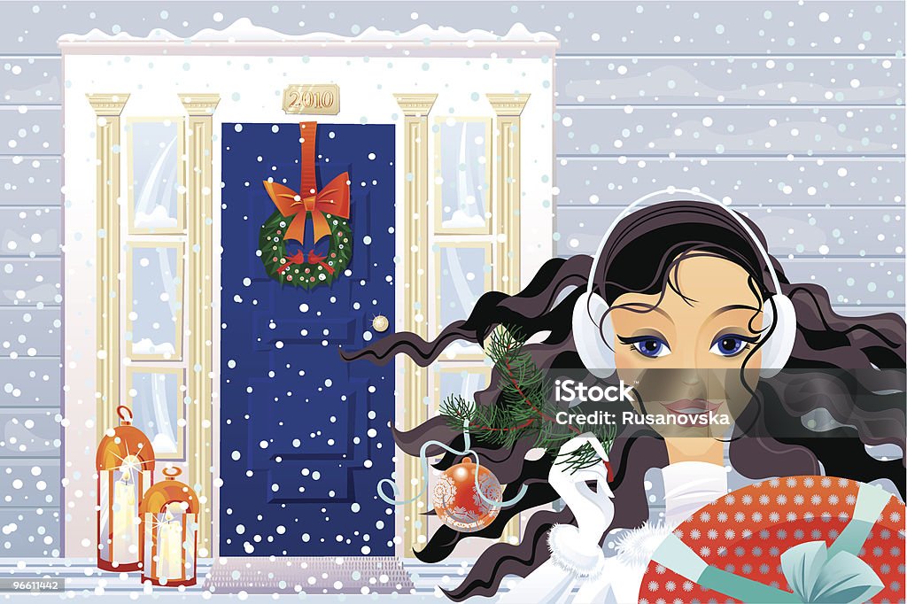 Christmas Time Beautiful girl holding her present. Christmas time. Vector illustration. Christmas Present stock vector