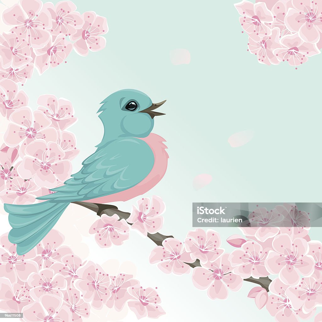 Uccello azzurro felice con albero di primavera fioritura dei ciliegi. - arte vettoriale royalty-free di Fiore di ciliegio