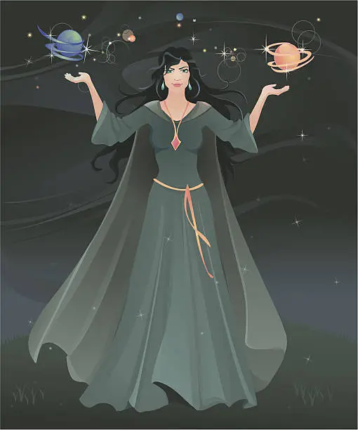 Vector illustration of Sorceress confuring a spell.