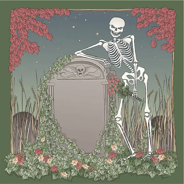 Vector illustration of Skeleton on Halloween night leaning gravestone.