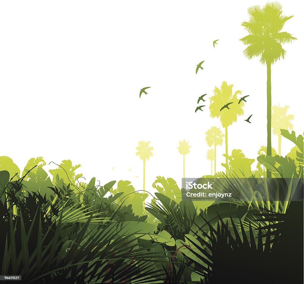 Green tropical jungle Tropical jungle background with palm trees and birds. Global colours are easily modified. Rainforest stock vector