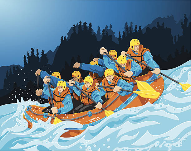 ilustraciones, imágenes clip art, dibujos animados e iconos de stock de rafting viaje - sports team sport rowing teamwork rafting
