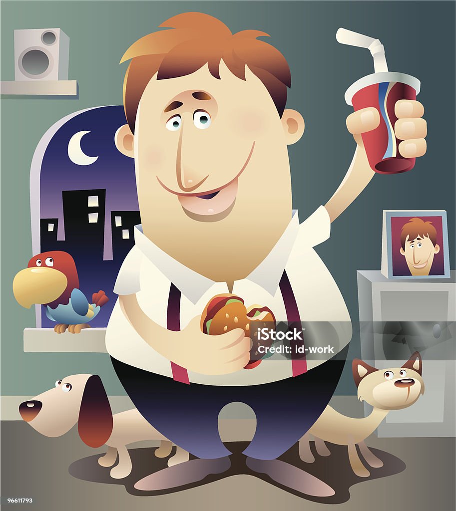 Homem com excesso de peso comendo Fast Food - Vetor de Ficar de Pé royalty-free