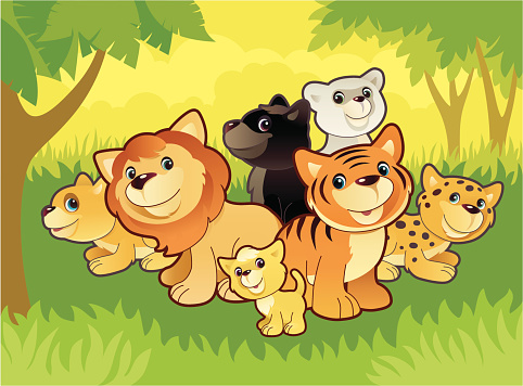 vector illusrtation of cats meeting in jungle .