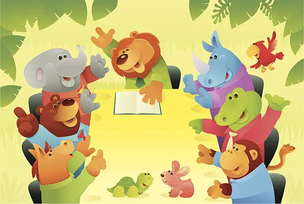 Vector illustration of Wild Animals in Jungle Board Meeting