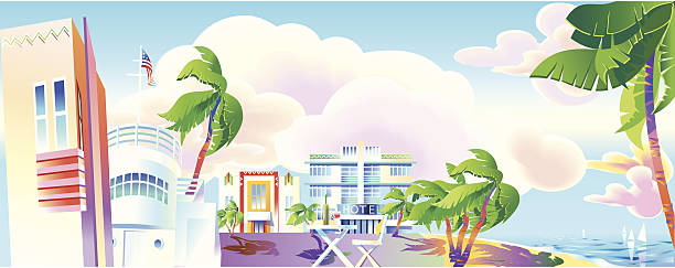 art-déco-ära miami panoramablick - holiday villa illustrations stock-grafiken, -clipart, -cartoons und -symbole