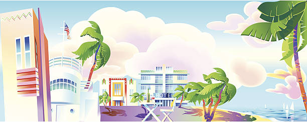 ilustraciones, imágenes clip art, dibujos animados e iconos de stock de época de art decó de miami, vista panorámica - miami beach