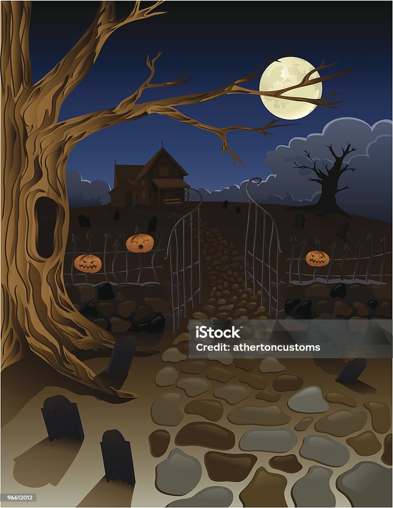 Жуткий старый дом с Pumpkins и Gravestones в двор - Векторная графика Хэллоуин роялти-фри