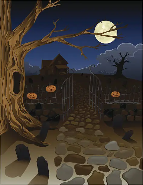 Vector illustration of Spooky Old House with Pumpkins and Gravestones in Yard