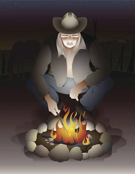 Vector illustration of Cowboy Man Sitting Near Campfire with Farm in Background