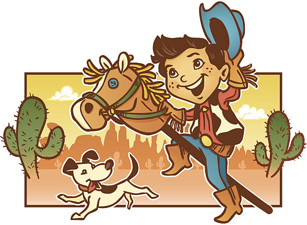 illustrazioni stock, clip art, cartoni animati e icone di tendenza di giovane bambino giocando con il suo cane fingere cowboy - illustration and painting animal cowboy horse
