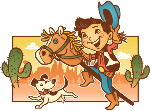 Young Child Playing Pretend Cowboy with His Dog