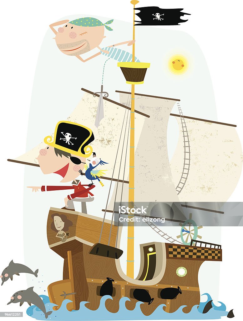 Два в пиратский корабль пиратов с видом на море - Векторная графика Акула роялти-фри