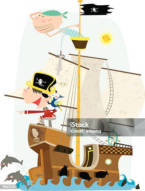 Два В Пиратский Корабль Пиратов С Видом На Море — стоковая векторная графика и другие изображения на тему Акула - Акула, В полный рост, Векторная графика