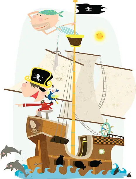 Vector illustration of Two Pirates on Pirate Ship Looking Out to Sea