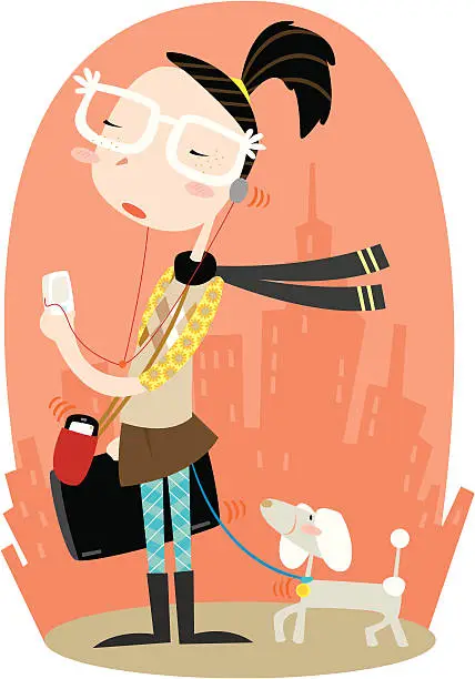 Vector illustration of Woman Walking Dog Carrying Laptop, MP3 Player and Cell Phone