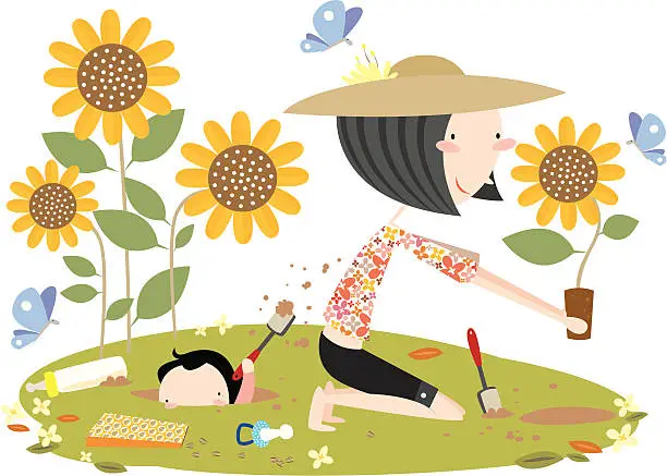 Vector illustration of Mother Gardening with Son Digging Hole