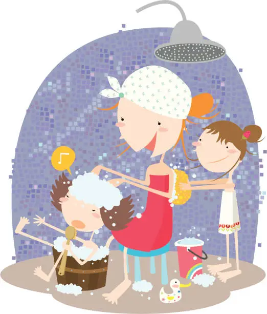 Vector illustration of Mother and Children Scrubbing Backs in Shower