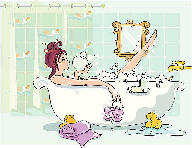 Girl in Bathtub A young woman relaxes in a bathtub blowing bubbles. PDF and large jpeg in zip file. feet up stock illustrations