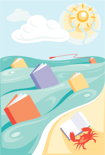 Vector illustration of a crab reading a book, with the ocean full of books.
