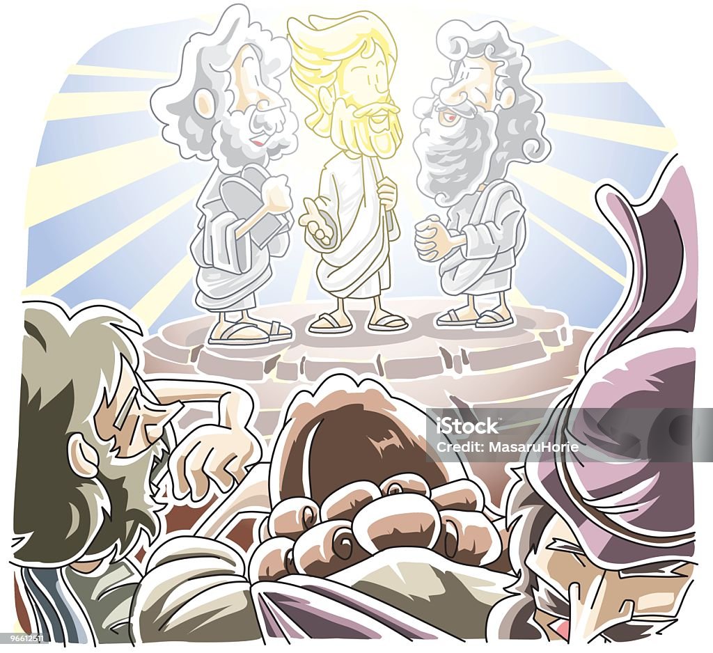Cartoon illustration of the transfiguration of Jesus Matthew 17:1-8, Mark 9:2-8, Luke 9:28-36. Jesus took Peter, James and John to the mountaintop. There, Jesus changed, his face shone like the sun, his clothes was white as the light. Jesus was talking with Moses and Elijah. Disciples heard a voice from cloud saying "This is my beloved Son, he pleased me well, listen to him". Elijah - Prophet stock vector