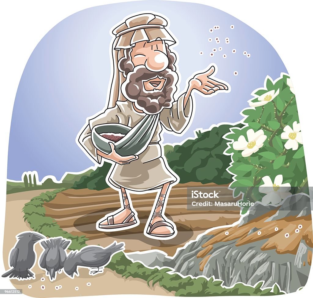 Cartoon illustration of mythical Bible story of the Sower Matthew 13:3-9, Mark 4:2-9, Luke 8:4-8

Then he told them many things in parables, saying: "A farmer went out to sow his seed. As he was scattering the seed, some fell along the path, and the birds came and ate it up. Some fell on rocky places, where it did not have much soil. It sprang up quickly, because the soil was shallow. But when the sun came up, the plants were scorched, and they withered because they had no root. Other seed fell among thorns, which grew up and choked the plants. Still other seed fell on good soil, where it produced a crop - a hundred, sixty or thirty times what was sown. He who has ears, let him hear."

For other bible illustrations, please check out the lightbox by clicking the banner below.
[url=http://www.istockphoto.com/file_search.php?action=file&lightboxID=3896230][img]http://i450.photobucket.com/albums/qq223/masaruHorie/christian_bible_illustrations.jpg[/img][/url] Allegory Painting stock vector