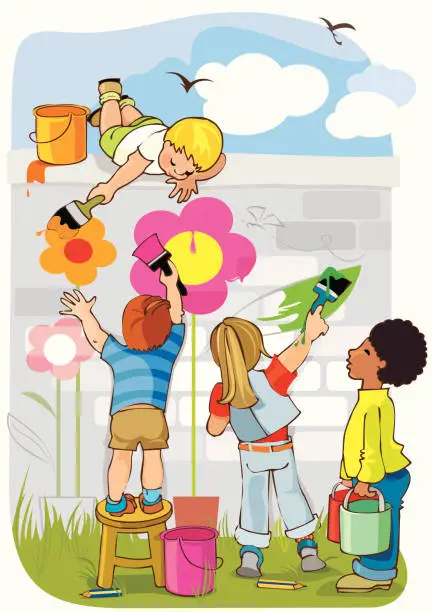 Vector illustration of friends painting flowers together