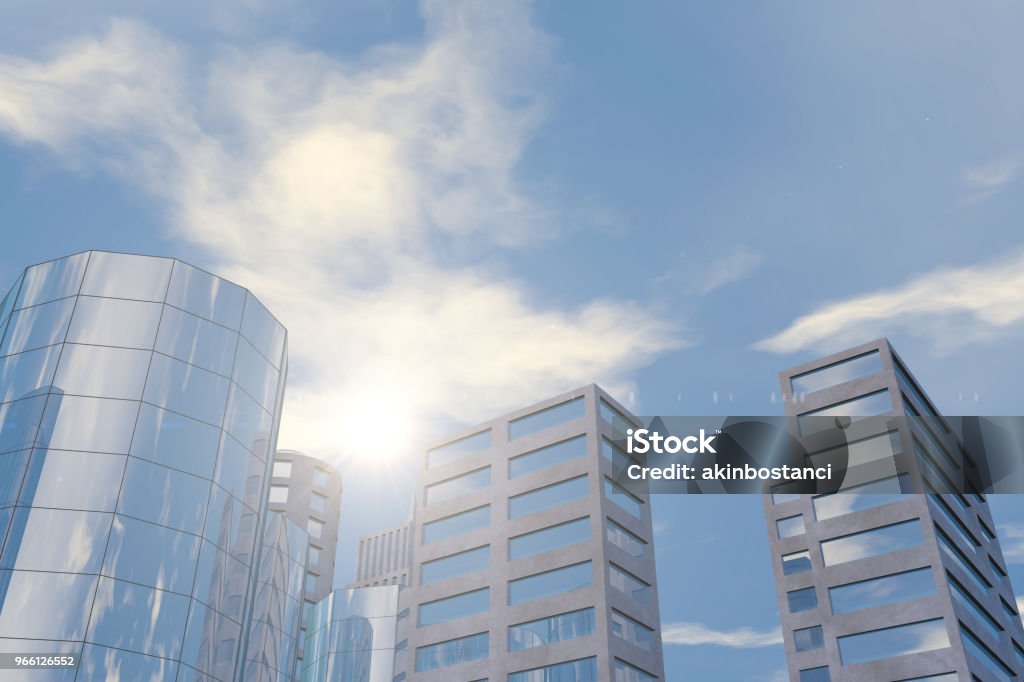 Moderne Hochhäuser, Bürogebäude im Geschäftsviertel mit Sonnenlicht - Lizenzfrei Arbeiten Stock-Foto