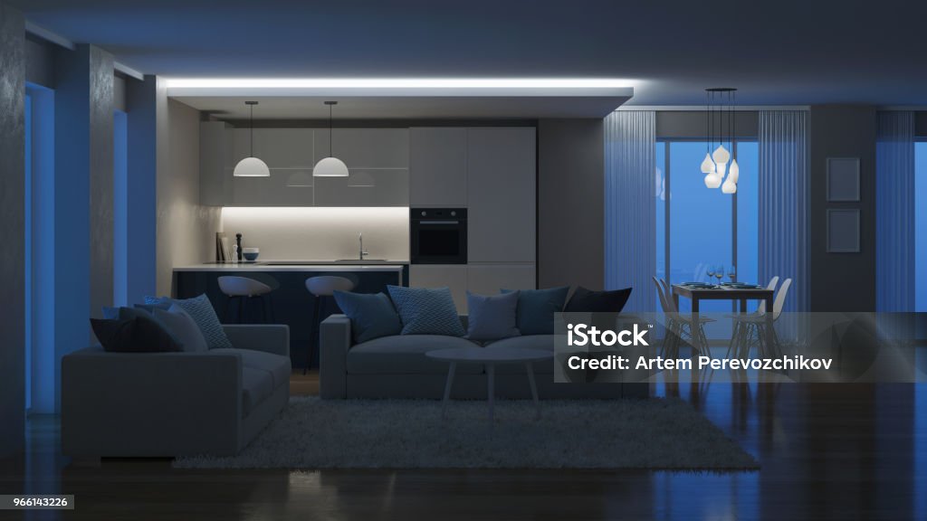 Modern house interior. Evening lighting. Night. 3D rendering. Night Stock Photo