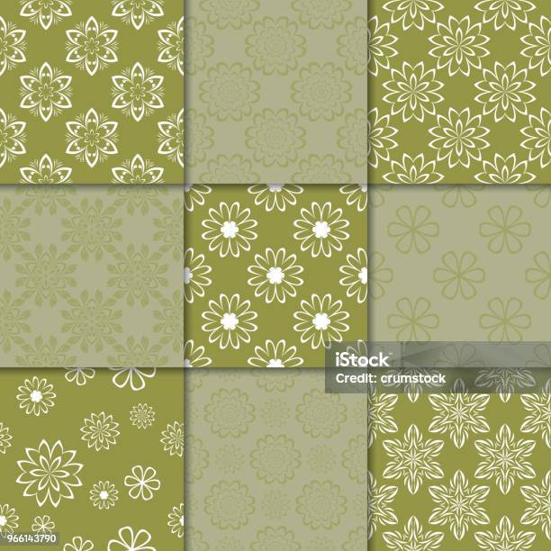 Оливковозеленые Цветочные Украшения Коллекция Бесшовных Узоров — стоковая векторная графика и другие изображения на тему Абстрактный