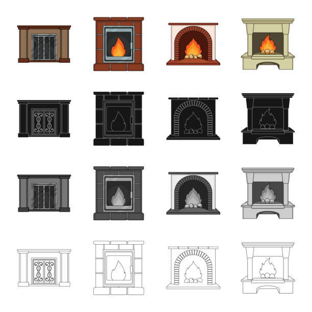 kominek, ogień, ciepło i komfort. różne rodzaje kominka zestaw ikon kolekcji w kreskówce czarny monochromatyczny styl konturu symbol wektorowy czas isometric ilustracji sieci. - log fire firewood fire chimney stock illustrations