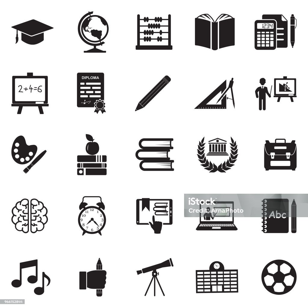 Education Icons. Black Flat Design. Vector Illustration. School, University, College, Education, Learning Icon Symbol stock vector