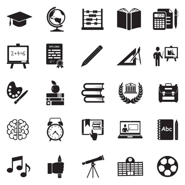 Education Icons. Black Flat Design. Vector Illustration. School, University, College, Education, Learning stock libraries stock illustrations