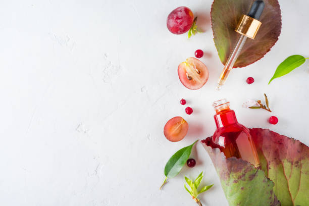 istock Organic bio cosmetics with herbal ingredients Extract, grape seed oils, serum. Copy Space, flat lay, view from above. 966155118