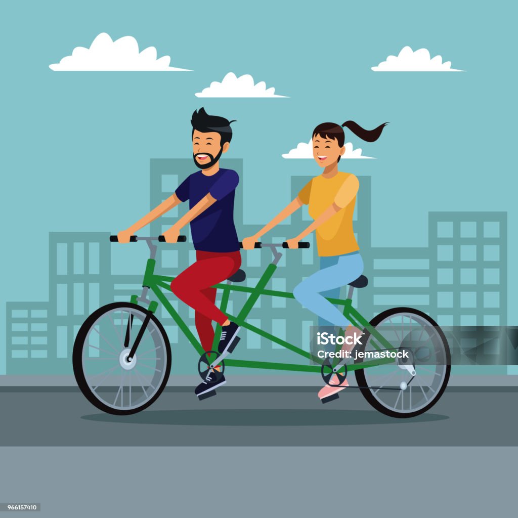 People riding bikes Couple riding a double bike at city vector illustration graphic design Bicycle stock vector