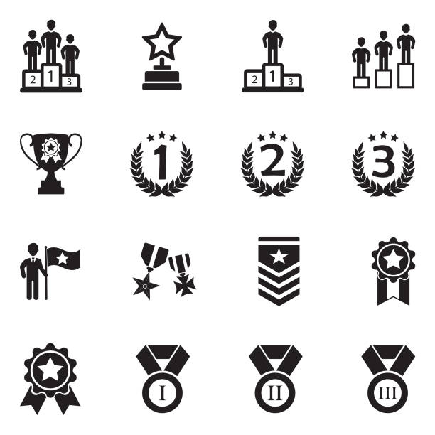 ilustrações de stock, clip art, desenhos animados e ícones de ranking and achievement icons. black flat design. vector illustration. - rank first place podium number 1