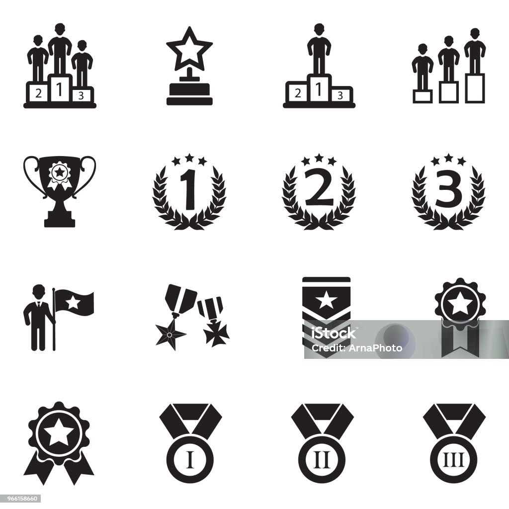 Ranking And Achievement Icons. Black Flat Design. Vector Illustration. Award, Achievement, Reward, Medal, Ranking Icon Symbol stock vector