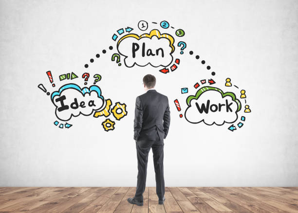 istock Businessman looking at business plan icons 966163150