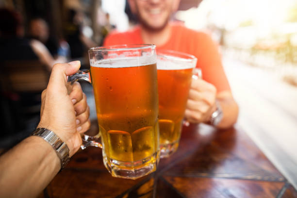 amigos bebiendo cerveza - cerveza lager fotografías e imágenes de stock