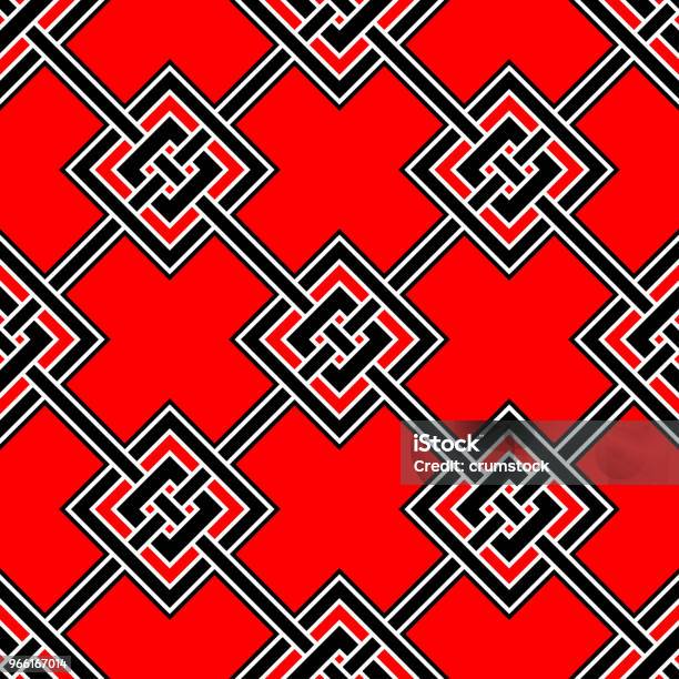 Бесшовный Геометрический Черный Фон С Красными И Белыми Элементами — стоковая векторная графика и другие изображения на тему Абстрактный