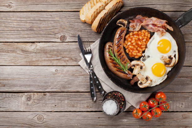 istock English breakfast. Fried eggs, sausages, bacon 966167832