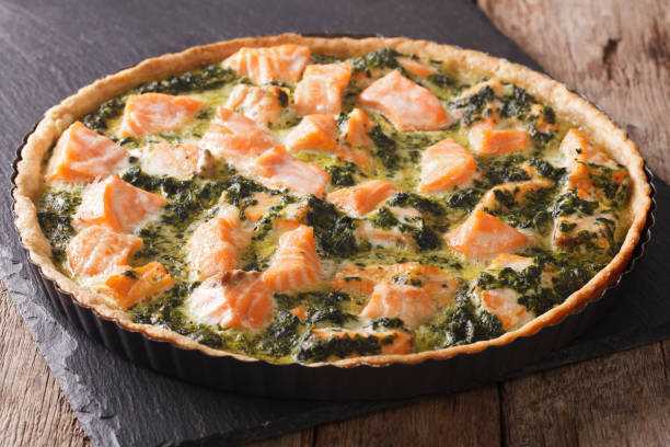 istock pie with salmon, spinach and herbs in baking dish close up. horizontal 966178536