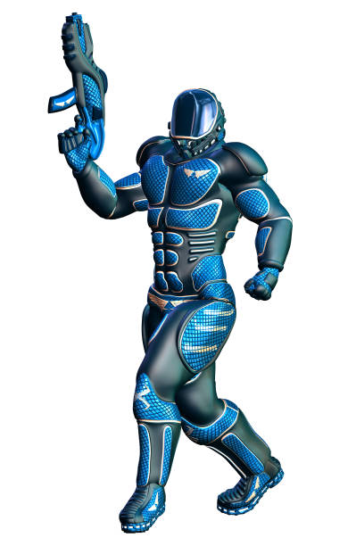 istock space marine with blue coverall walking, armed with heavy rifle, 3d illustration 966179474