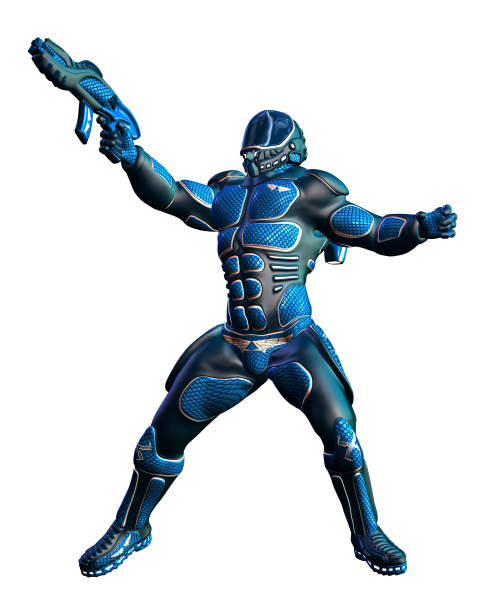 space marine with blue suit walking, armed with heavy rifle, 3d illustration