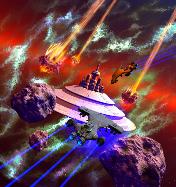 istock Attack to asteroid's space station, 3d illustration 966179588